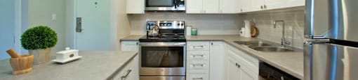 Laura Secord Apartments modern kitchen with white cabinetry in Niagara Fall, ON