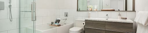 Large bathroom with walk-in shower, tub and vanity with storage at Le Saint-Laurent Apartments in Brossard