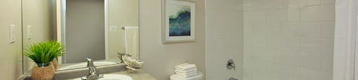 Linden Court modern bathroom with full size bathtub in St. Catharines, ON