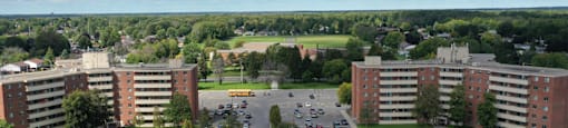 Lorneville Apartments drone image of south side, front exterior of building in Cornwall, ON