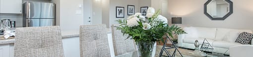Lorneville Apartments dining area in an open-concept layout with view of living area in background in Cornwall, ON