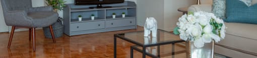 TV area in a standard suite at Lorneville Apartments in Cornwall, ON