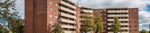 Exterior of building number 1450, where rental office is located, at Lorneville Apartments in Cornwall, ON