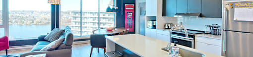 Lumineau in Sherbrooke, QC open concept kitchen and dining room