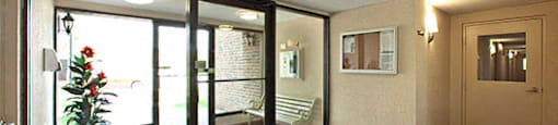 A room with a door, a window, and a potted plant.