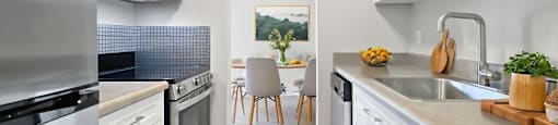 A galley-style kitchen with white cabinets and stainless steel appliances at Moira Apartments in Belleville, ON