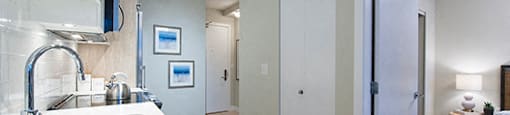 Kitchen counter with an open door to the bedroom