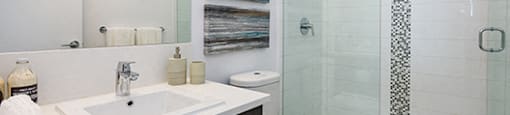 Full bathroom with black cabinets and white counters 