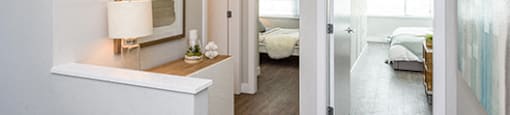 Hallway with three open doors leading into bedrooms