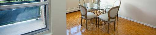 Brookbanks Apartments cozy dining area with balcony access in Toronto, ON