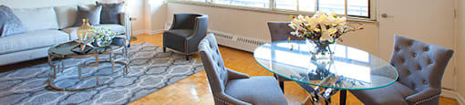 Rockford Apartments dining area with view into living room in Toronto, ON