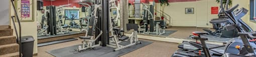 Shoreview in North Vancouver, BC Fully equipped fitness center with weight lifting machines and mirrors