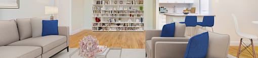 Park Towers Apartments living room with kitchen in background of a renovated 1 bedroom in 55 Carfrae building in London, ON