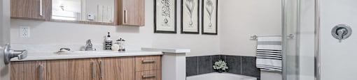 Large bathroom with bathtub and standing shower at Axial Towers