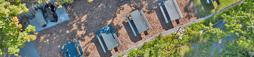 Regency Place drone image of outdoor picnic and BBQ area in Whitby, ON