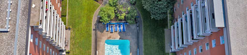 Regency Towers drone image of outdoor pool in St. Catherines, ON