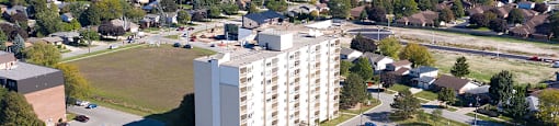 Riverbend Tower drone image of exterior of building in Chatham, ON