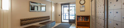 Lobby, looking towards main building entrance, at Riverbend Tower Apartments in Chatham, ON