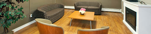 Lord Simcoe Apartments social room with couch seating and tv in Niagara Falls, ON