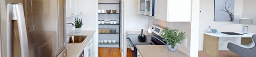 Modern, partially-open concept galley kitchen with a pantry at the far end in a renovated 3 bed 2 bath suite at Somerset Place in London, ON.
