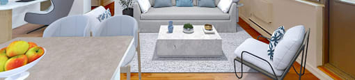 A modern living room with a grey sofa and a glass table in a renovated 3 bed 2 bath suite at Somerset Place in London, ON.