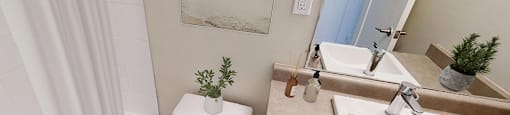 Main bathroom with tub-shower combo, toilet and vanity in a renovated 2 bed 1.5 bath suite at Somerset Place in London, ON.