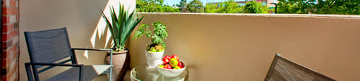 Sunnidale Place Balcony with view over the trees and a bright blue sky in Barrie, ON
