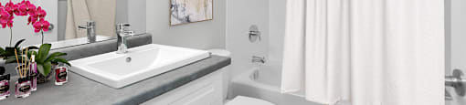 Sunset Towers Bathroom with large vanity with storage, toilet and bathtub with shower in St. Thomas, ON