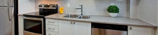 Taunton Terrace modern kitchen with white cabinetry and stainless steel appliances