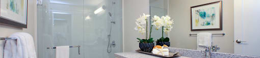 Testa Heights Apartments in Uxbridge, ON large Bathroom featuring walk-in shower and large vanity with ample storage