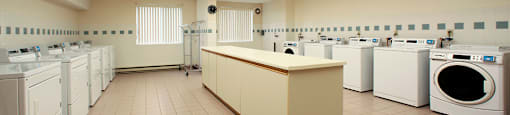 Testa Heights Apartments in Uxbridge, ON Laundry Room featuring ample washing machines and dryers and large folding area