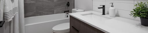 A modern bathroom with a white toilet, a white sink, and a grey shower at The Ambrosi in Kelowna, BC.