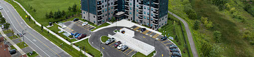 The Miltonian Apartments building drone exterior in Milton, ON