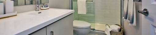 The Taunton in Oakville, ON bathroom with stand up shower and designer cabinetry