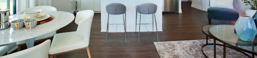 The Taunton in Oakville, ON dining room and kitchen with luxury wide plank flooring