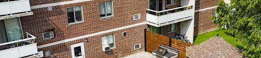 Trillium Apartments drone image of patio and gazebo in Cobourg, ON
