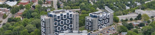 Trio On Belmont drone image of exterior of building in Kitchener, ON