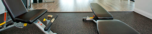 Gym with exercise equipment and windows, located in Building B at Trio on Belmont in Kitchener, ON