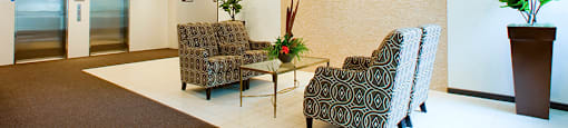 Lobby with seating area located in Building A at Trio on Belmont in Kitchener, ON