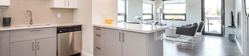 Open floor plan kitchen and living room in a 2 bed + den 2 bath variation E in building A at Trio on Belmont in Kitchener, ON