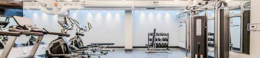 Gym with treadmills and elliptical cardio machines and weight lifting equipment at Vale Station Apartments in Waterloo, Ontario