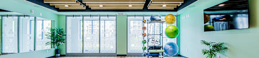 Yoga and Pilates studio with wooden floors and a green walls, large window and wood slat ceiling. Flat screen TV mounted on the wall and stretching equipment at Vale Station Apartments in Waterloo, Ontario