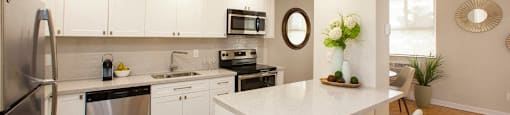 A kitchen with white cabinets and a white island with two chairs.