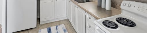 Kitchen with fridge, stove, cabinetry and window at Village Tower Toronto ON