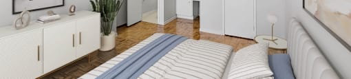 Primary bedroom with closet,  dressing area and hardwood flooring Village Tower Toronto ON