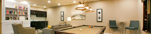 Juliana Place Apartments social room featuring lounge seating and pool table in Woodstock, ON
