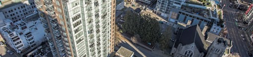 Aerial of Wesley Place apartments and surrounding area in Vancouver, British Columbia