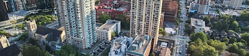 Aerial of Wesley Place apartments and surrounding area in Vancouver, British Columbia