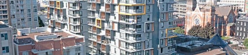 Yello on Yates in Victoria, BC drone image of building