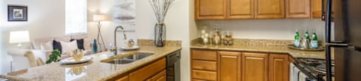 Kitchen with Black Appliances at San Moritz